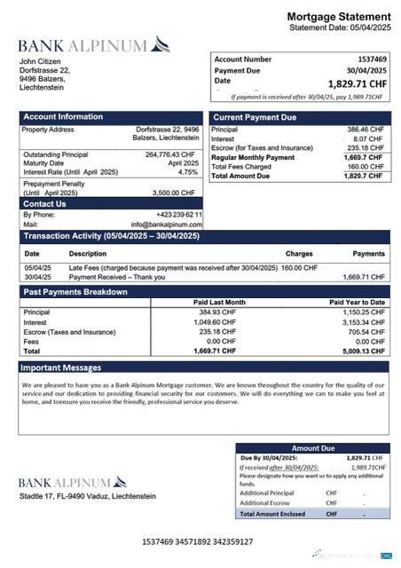 Download Liechtenstein Bank Alpinum mortgage statement Word and PDF template Photoshop template